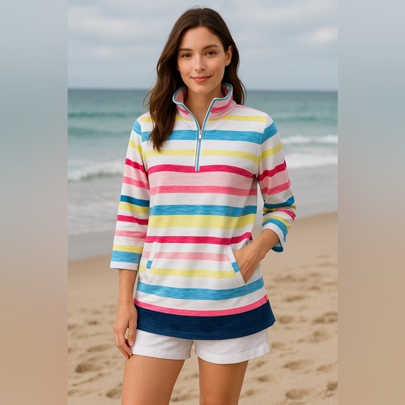 T by Talbots Women’s Rainbow Striped Half Zip Sweatshirt Size S Nautical Preppy - Picture 1 of 9